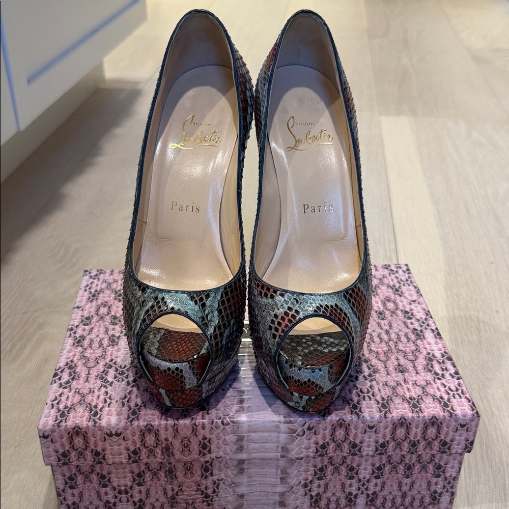 Christian Louboutin Snakeskin Peep-Toe Heels